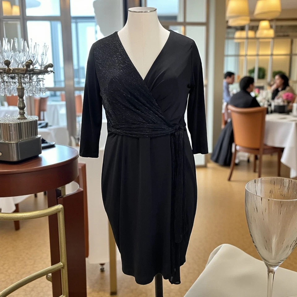 Lane Bryant Black Wrap Dress Size 16 Shimmer Party Cocktail Glam Holiday LBD - Image 1 of 4