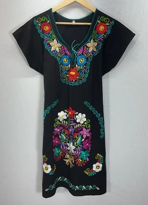Handmade Mexican Patio Dress Heavily embroidered Black Colorful Size M Cotton - Image 1 of 4