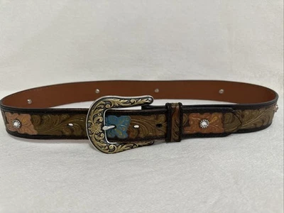 Cinturón de cuero Western para mujer plateado dorado hebilla floral con joyas pergamino multicolor Foto 1 de 4