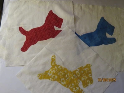 LOT OF 7 VTG SCOTTIE DOG PILLOW, QUILT APPLIQUE SQUARES FABRIC PANELS 12.5" Sq. - Image 1 of 4