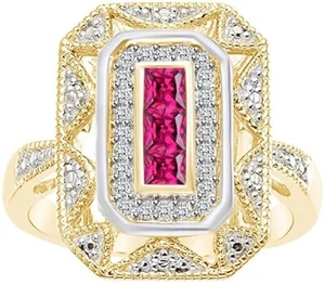Ruby & White Natural Diamond Accents Art Deco-Style Ring in Yellow Gold Plated - Picture 1 of 1