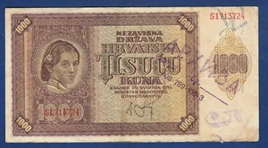 1000 Kuna 1941. Croatia banknotes Ustasha Ndh WW2, Serbian stamp - UNISTITI ! - Picture 1 of 2