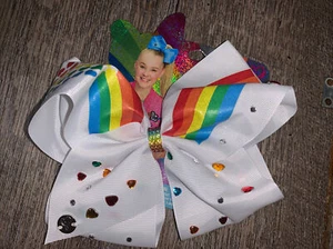 JOJO SIWA Claire’s Exc Signature White Hair Bow Rainbow Hearts & Rhinestones - Picture 1 of 4