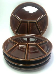 Set of 4 Vintage Dark Brown Fondue Picnic Divided Pottery Plates Gerz W Germany - Picture 1 of 4
