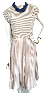 Vintage R&K Originals Fit Flare Dress Stripe Pleated Midi USA Taupe Size Small - Picture 1 of 15