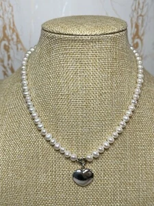Sterling Silver 925 Puff Heart Pendant White Freshwater Pearl Bead Necklace 503 - Picture 1 of 17