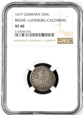 1677 German State Brunswick Luneburg Calenberg Wildman 2 Mariengroschen NGC XF40 - Image 1 of 2