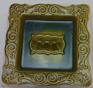 Vintage USA EA-10-2S Square Ashtray Avocado Green Navy Unique Scroll Pattern  7" - Picture 1 of 9