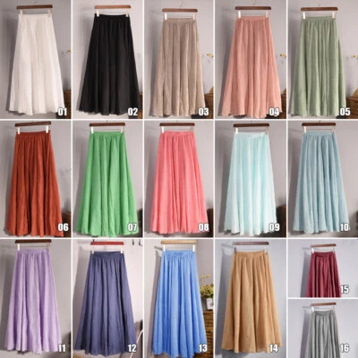 Women's Summer A-Line Stretchy Waist Cotton Linen Long Flowy Skirt Solid Color - Image 1 of 4