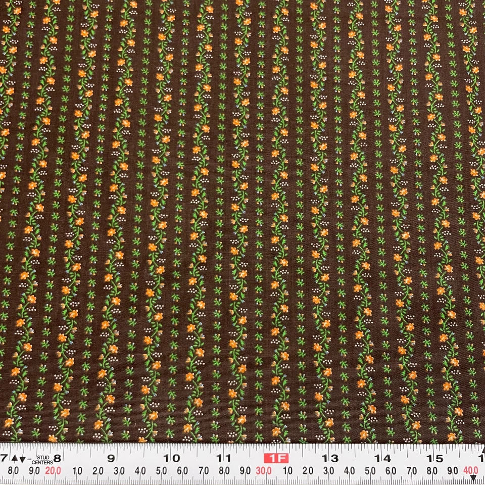 Vintage Wamsutta Florals Striped Brown Cotton Blend Fabric Remnant 35" x 43" - Image 1 of 2