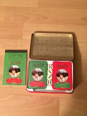 Vintage Used Coca-Cola Advertising Playing Card Decks, Dice, Score Pad Red Tin - Image 1 of 4