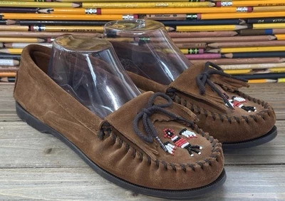 Minnetonka 串珠莫卡辛部落麂皮绒女式 9.5 码棕色 — 第 1/4 张图片