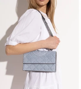 Tory Burch Fleming Bag Crossbody Wash Denim Silver - Picture 1 of 6
