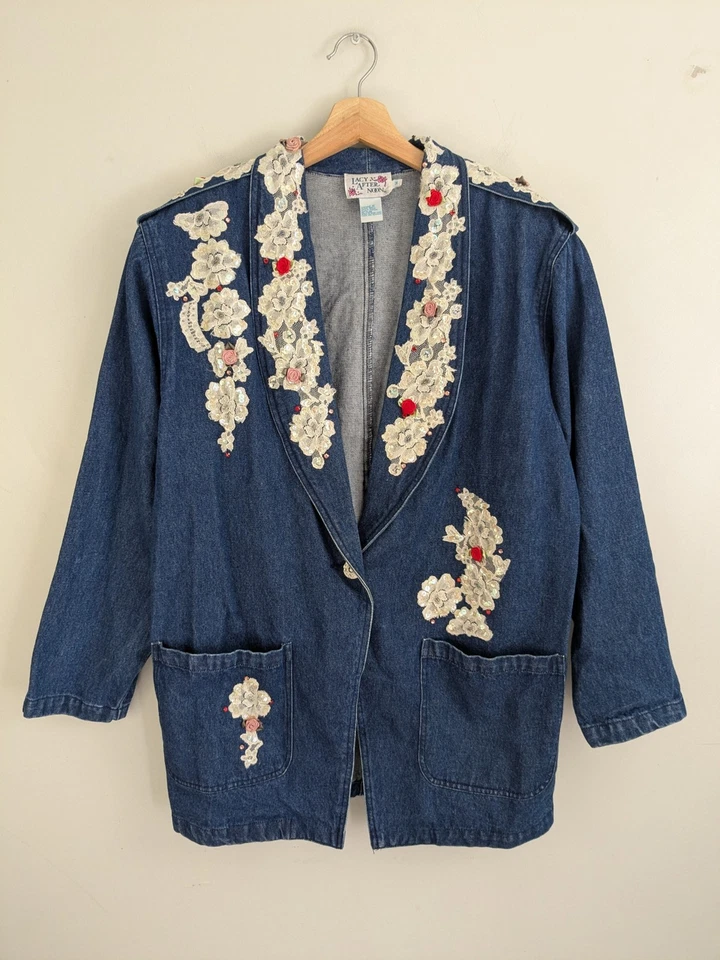 Chaqueta Blazer De Colección Años 80 Embellecida Denim Para Mujer M Encaje Lentejuelas Victoriana Casa de Campo Foto 1 de 4
