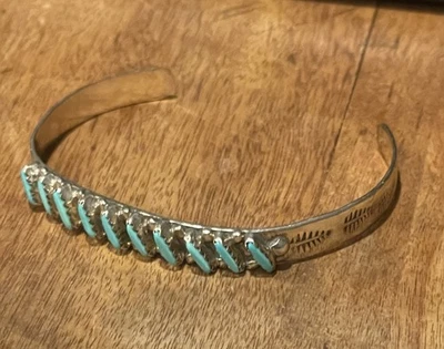 Vintage Women Sterling Silver Needlepoint Turquoise Bracelet 6.25” signed ALP  - Image 1 of 4