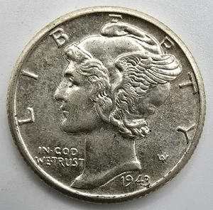 1943 D Mercury Dime AU/BU FB Full Bands 90% Silver Type Coin Free ship! - Picture 1 of 4