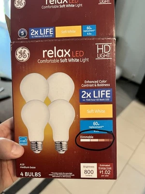 GE HD Relax LED Light Bulb 60W 800 Lumens Soft White Dimmable set of 4 - Image 1 of 2