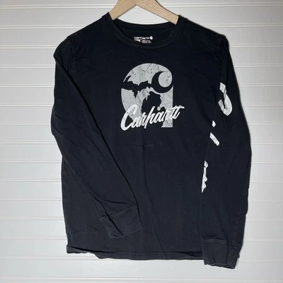 Camiseta Carhartt masculina manga longa tamanho grande 14/16 preta Michigan gola redonda em excelente estado usado - Imagem 1 de 4