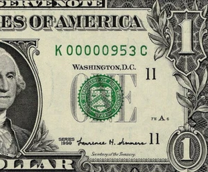 1999 $1 Federal Reserve Note Low 3 digit Serial Number Dallas K00000953C PMG65 - Picture 1 of 4