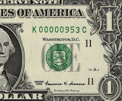 1999 $1 Federal Reserve Note Low 3 digit Serial Number Dallas K00000953C PMG65 - Image 1 of 4