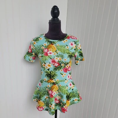 Doublju Womens Pineapple Floral Blue Floral Short Sleeve Shirt Peplum Stretch XL - Image 1 of 4