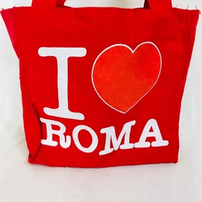 Bolso de Mano Vintage MINI Pequeño I Love Roma Lona Rojo Brillo Corazón Años 80’s NUEVO Foto 1 de 4
