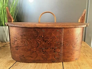 LARGE ANTIQUE 19TH C NORWEGIAN TINE BENTWOOD FOLK ART POKERWORK BOX SCANDINAVIAN - Picture 1 of 10