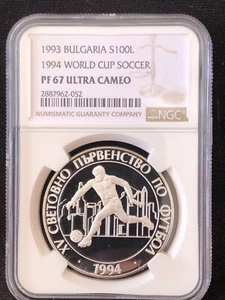 Bulgaria 100 Leva 1993 XV FIFA World Cup Silver Coin NGC PF67 Ultra Cameo - Picture 1 of 4