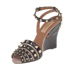 Valentino Rockstud Wedge Sandals Womens 38 8 Black Leather Studs Buckle Heels - Picture 1 of 15