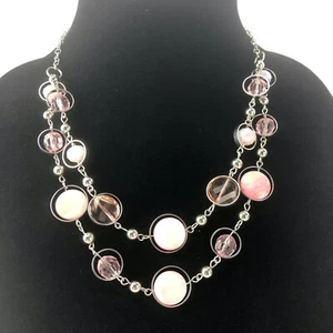 Color Necklace Pink Glass & Shell Beaded Silver-Tone Double Layer - Picture 1 of 2