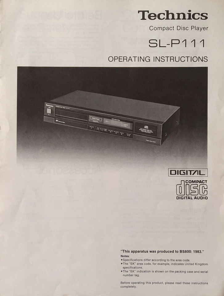 Technics SL-P111 Compact Disc CD Player - Operating Instructions - USER MANUAL - Image 1 of 1
