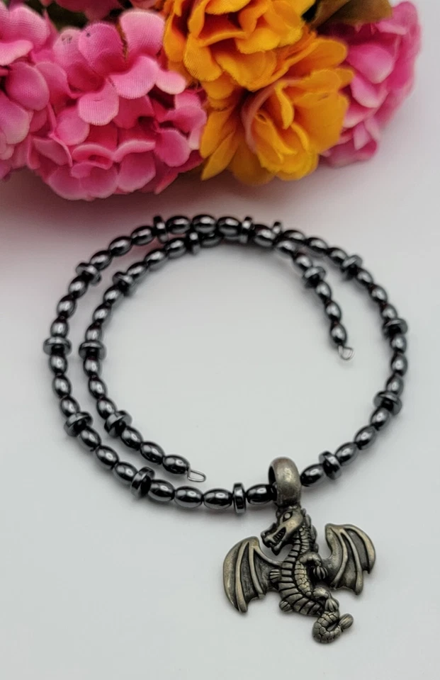 Silver Tone Dragon Pendant Hematite Memory Wire Choker Necklace 16 Inch - Image 1 of 4