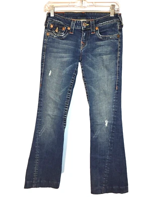 Jeans True Religion Joey Y2K cintura baixa alargamento desgastado 5 bolsos EUA tamanho 27 - Imagem 1 de 4