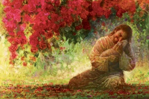 Yongsung Kim YE ARE MINE 12x18 Canvas Art Jesus Christ Hugging Sheep Red Roses - Picture 1 of 1