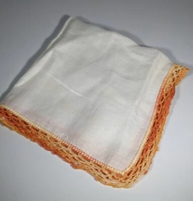 Vintage Handkerchief Hanky Peach Orange Crochet Border Pocket Scarf Ombre Foto 1 de 4