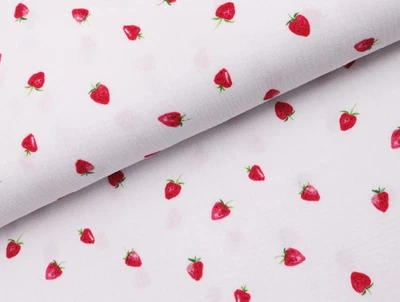 MUSSELIN Stoff Double Gauze  Baumwolle Bluse ERDBEEREN WOLLWEIß EUR  16,98/m - Bild 1 von 2