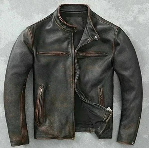 Men’s Vintage Black Leather Biker Jacket – Classic Motorcycle Style with Rust Fi - Picture 1 of 4