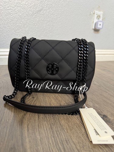 Borsa a tracolla Tory Burch Willa piccola in pelle opaca nera con finitura trapuntata nuova con etichetta