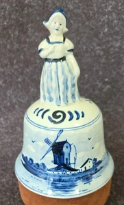 Delft Hand Painted Blue & White Pottery Girl Figure Bell Holland - Picture 1 of 11