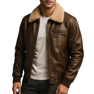 Men’s Brown Genuine Leather Jacket with Fur Collar Classic Bomber Aviator Style - Picture 1 of 5