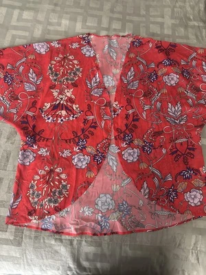 Floral Print Kimono Cardigan Womens 3XL Red Sheer Lightweight Open Front Boho - Image 1 of 4