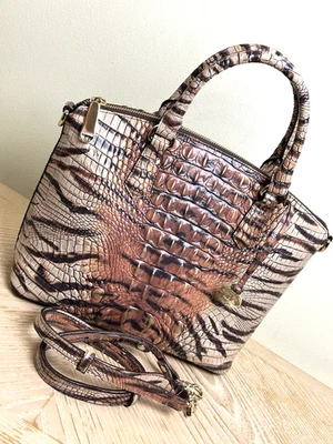 BRAHMIN FELINE OMBRE MEDIUM DUXBURY TAN TIGER ANIMAL PRINT LEATHER DOME HANDBAG - Image 1 of 4
