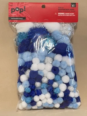 Christmas Winter Pom Poms Balls 300 Ct Royal Light Blue White with Tinsel Crafts - Image 1 of 4