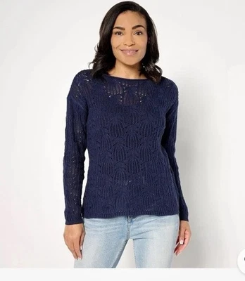 Denim & Co. Naturals Boat Neck Open Work Sweater Navy A644584 Size 1X - Image 1 of 2