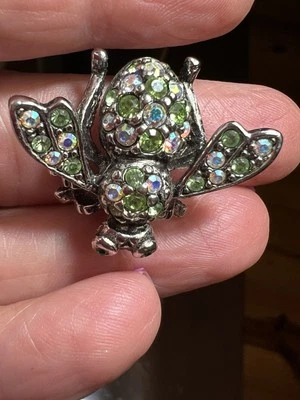 Joan Rivers Crystal Bee Brooch, Silver Tone, Green And Iridescent Rhinestones - Image 1 of 4