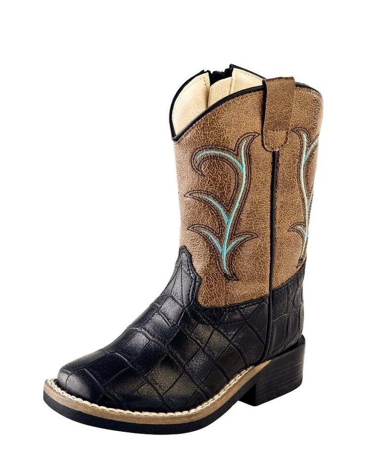 Old West Western Boots Boys Croco Print Zip Black Light Brown VB1012 - Image 1 of 1