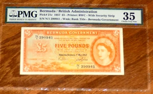 Bermuda British Government 5 Pounds 1957 Pick 21c PMG Choice Very Fine 35 NOTE - Picture 1 of 4