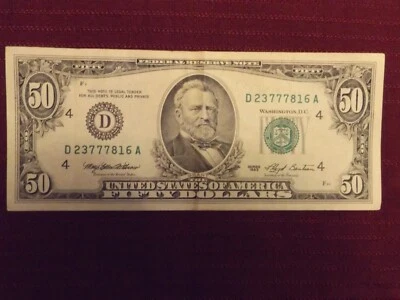 OLD RARE SERIES 1993 $50 FIFTY DOLLAR BILL - D 23777816 A - GOOD CRISP CONDITION - Image 1 of 3