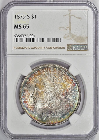 1879-S Morgan Silver Dollar NGC MS65, Beautiful Vibrant Rainbow Tone, Lustrous Cover