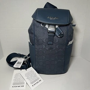 COACH CW173 Racer Pack In Signature Jacquard & Smooth Leather Silver/Denim - Picture 1 of 9